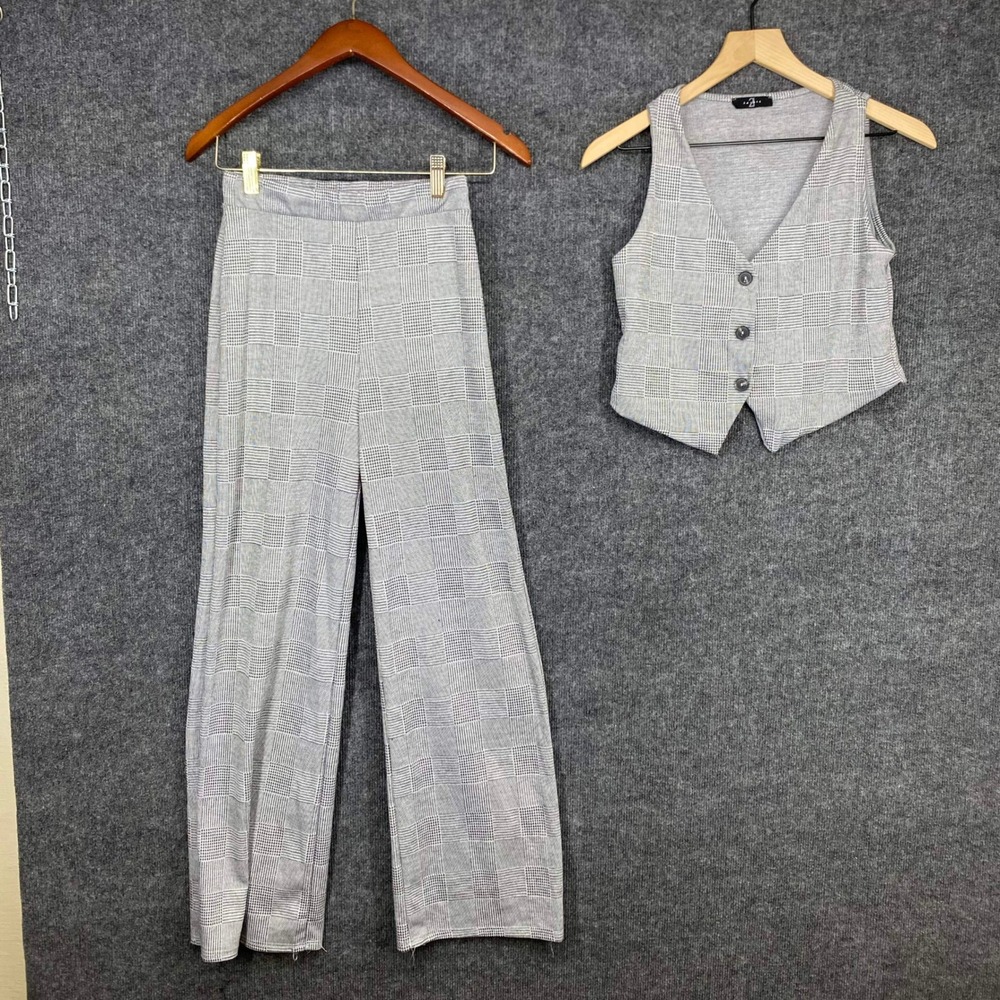 Saints 21 Grey Glen Plaid 2 Piece Set Cropped Vest Wide Leg Pants Small AS405-1